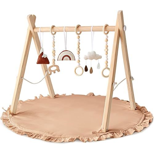 Wooden Baby Play Gym Play Mat Set, Baby Gym with 6 Hanging Sensory Toys Foldable Playgym for Infants Frame Activity Center Hanging Bar for Newborn Shower Gift