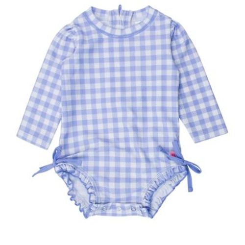 Rufflebutts Baby Girls Upf50+ Sun Protected Gingham Long Sleeve One Piece Rash Guard - Periwinkle Blue Gingham, 0-3m