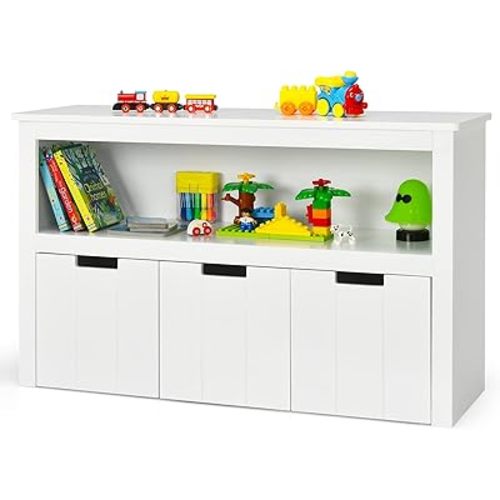 Costzon Toy Storage Organizer, Wooden Toy Bin Chest with 3 Removable Drawers, Rolling Wheels, Large Open Shelf, Toddler Bookshelf for Nursery, Playroom, Kindergarten, Living Room (White)