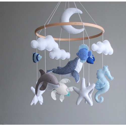 Ocean baby nursery mobile Felt whale crib mobile Nautical baby shower gift Sea animals mobile Marine nursery decor Sea turtle, Dolphin, Fish