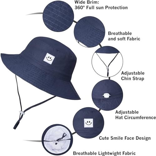 MaxNova Baby Sun Hat Smile Face UPF 50+ Toddler Bucket Hat - 6-24 Months - 2pack Smile Face Grey /Navy