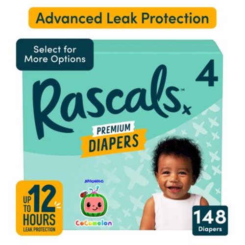 Rascals Premium CoComelon Absorbent Baby Diapers Size 4, 148 Count (Select for More Options)