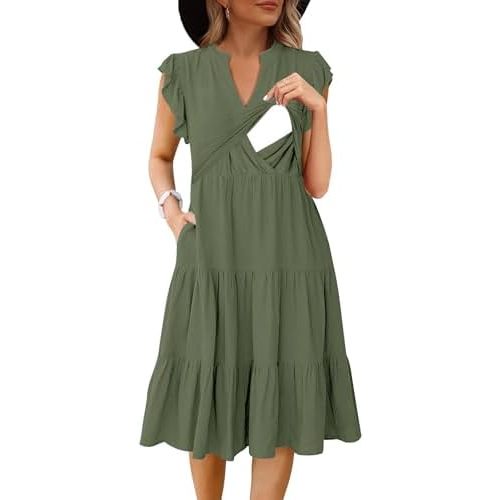 Womens Nursing Midi Dress Breastfeeding Summer Ruffle Sleeveless V Neck Tiered Beach Sundress with Pockets