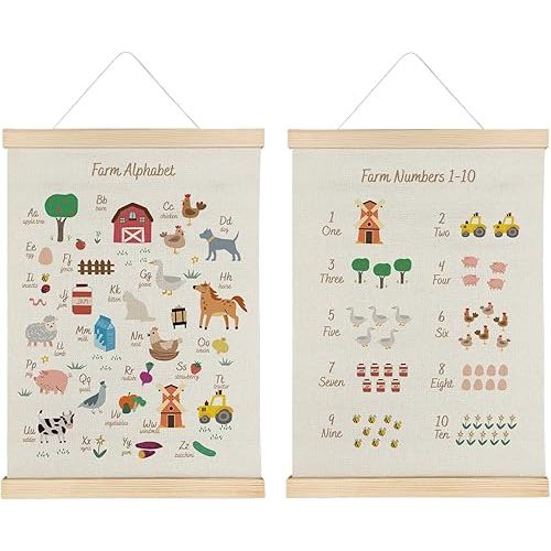 Qvapt Farm Animal Number Alphabet Poster Set - Farm Animal Number Alphabet Playroom Nursery Wall Art, Playroom Nursery Decor,Fram Animal Posters 12x16 with Hanger