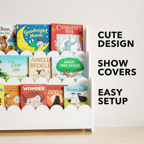 SpaceAid 3-Tier Scalloped Bookshelf, Montessori Bookcase for Toddlers, Wooden Book Shelf Organizer Display Furniture for Kids Rooms, Playroom, Nursery and Classroom, White