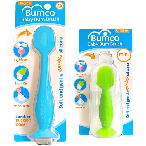 Bumco 2-PACK Diaper Cream Spatula - FULL-SIZE + MINI Baby Bum Brush with TRAVEL CASE - Diaper Cream Applicator for Baby - Baby Necessities - Suitable for Aquaphor, Desitin - Blue & Green