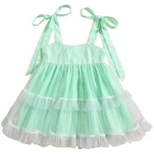 Toddler Baby Girl Summer Boho Dress Solid Color Spaghetti Strap Square Neck Tulle Dress Kids Beach Sundress