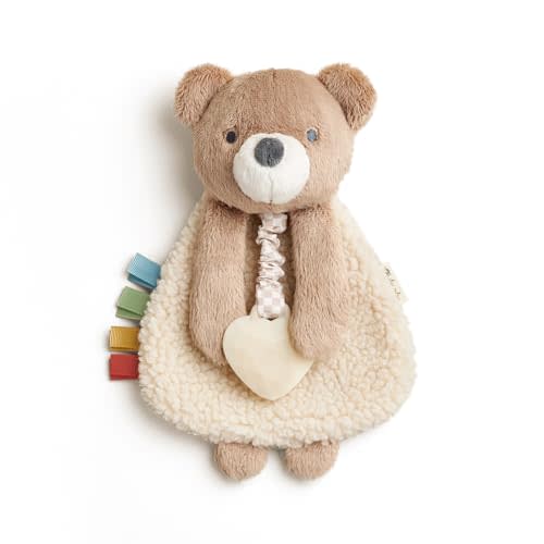 Itzy Ritzy - Itzy Lovey Including Teether - Baby Lovey with Teether, Textured Ribbons & Dangle Arms - Features Crinkle Sound, Sherpa Fabric and Minky Plush (Bear)