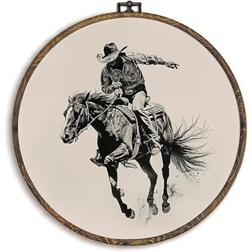KFXHANGD Vintage Western Cowboy Round Wall Art Framed, Western Wall Decor, Trendy Southwestern Canvas Wall Art Decor, Cowboy Horse Hanging Wall Decor for Bedroom Living Room, 10x10In