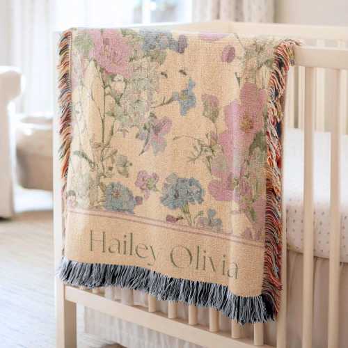 Personalized Wildflower Woven Baby Name Blanket, Custom Boho Floral Newborn Throw Gift, Infant Coming Home, Flower Baby Shower Gift