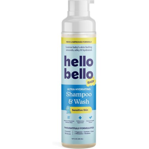Hello Bello Ultra-Hydrating Baby Shampoo & Body Wash, Fragrance-Free, Tear Free & Safe for Sensitive Skin, Dermatologist Tested & Pediatrician Approved, 10oz Bottle