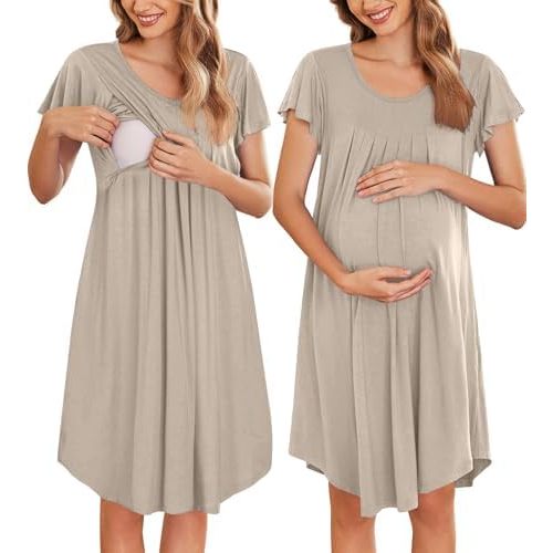 Ekouaer Nursing Nightown Labor and Delivery Gown for Hospital Pleated Breastfeeding Dress Short Sleeve Maternity Sleepwear