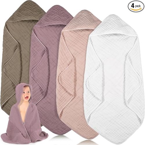 Peryiter 4 Pcs Muslin Hooded Baby Towels 32 x 32 Inch Cotton Newborn Bath Essentials Muslin Infant Blankets Absorbent Registry Gifts for Girl Boy Kids Baby Shower (Coffee)