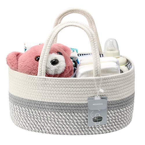 MTOUOCK Baby Diaper Caddy Organizer, Cotton Pure-Handmade Rope Nursery Storage Bin for Boys and Girls, Newborn Baby Shower Basket with 1 Inner Pocket for Changing Table or Car (White and Gray)