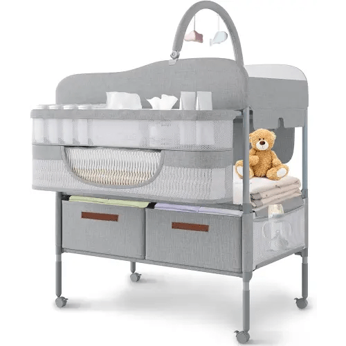 Baby Changing Table,Versatile Folding Changing Table,Waterproof/Foldable/Height Adjustable/Movable/with Silent Wheels/2 Drawers Diaper Changing Station,Mobile Nursery Organizer for Newborn Essentials