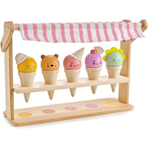 Tender Leaf Toys - Scoops and Smiles - Ice Cream Toy Shop with 5 Beautiful Solid Wood Ice Cream Cornets Set for Kids 3+