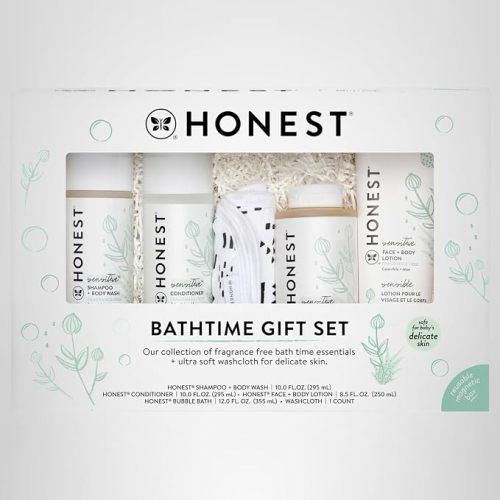 The Honest Company Fragrance-Free Bathtime Gift Set, Hypoallergenic, Bath Essentials for Sensitive Skin, Shampoo and Body Wash, Face Lotion, Bubble Bath, Conditioner, Wash Cloth