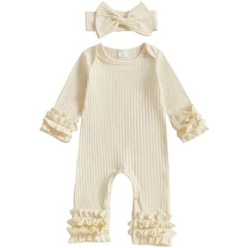 Winioder Newborn Baby Girl Clothes Ribbed Long Sleeve Ruffle Romper Jumpsuit with Headband My First Valentines Outfit