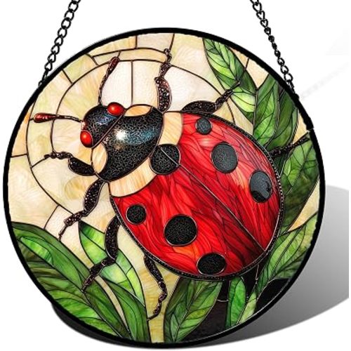 Stained Glass Window Hanging - Red Seven-Spotted Ladybug Sun Catcher for Door Home Decor Insect Suncatcher Christmas Mother's Day Birthday Gifts for Women Men Mom Nana 7.8 in