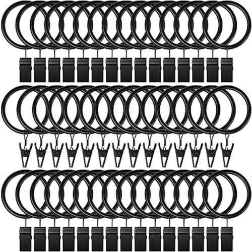 Lansian 44 Pack Curtain Rings with Clips, Black Curtain Hooks Hangers, Rustproof Metal Drapery Rings for Hanging Drapes Bows Tension Rod, 1" Interior Diameter, Fits up to 5/8 in Curtain Rod