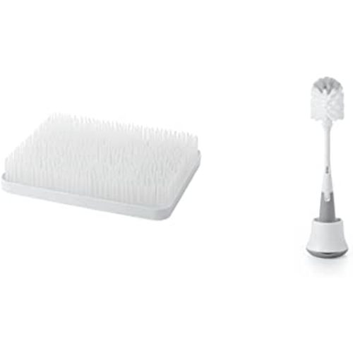 Boon Lawn Countertop Drying Rack,White, 13.5x11x2.5 Inch (Pack of 1) & OXO Tot Bottle Brush with Nipple Cleaner and Stand - Gray