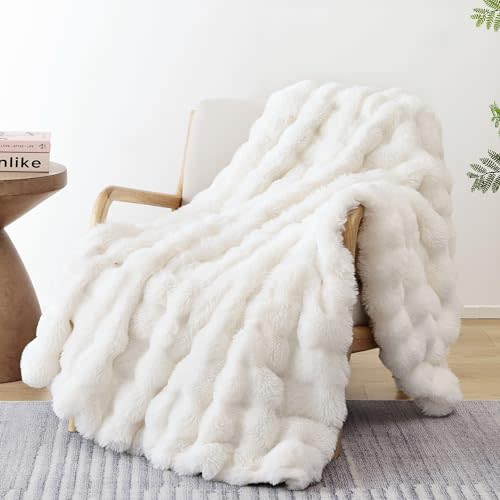 Smoofy Faux Fur Blanket Rabbit Fleece - Cream White Fluffy Blanket for Sofa, Cozy Soft Plush Throw Blanket for Couch Bed, Luxury Thick Fuzzy Couch Blanket for Winter, Comfy Bubble Blanket - 50" x 60"