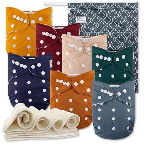 Nora's Nursery Cloth Diapers 7 Pack with 7 Viscose for bamboo Inserts & 1 Wet Bag - Waterproof Cover, Washable, Reusable & One Size Adjustable Pocket Diapers for Newborns and Toddlers-Pacific Neutrals - 7 Count (Pack of 1)
