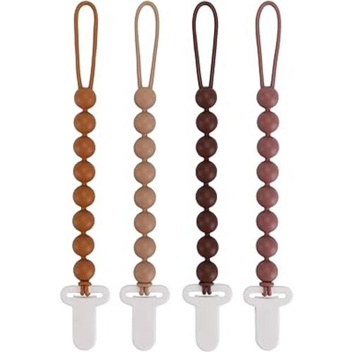 4-Pack Silicone Pacifier Clips with One-Piece Beads for Baby Boys and Girls - Flexible and Rust-Free Holders for Teething Relief and Baby Essentials, Safe for Newborns (Brown)
