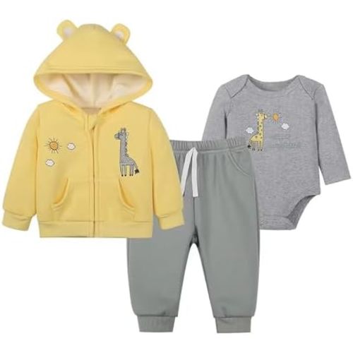 Baby Boy Girl 3 Piece Outfit Zipper Hoodie Jacket Bodysuit and Pants Set Toddler Clothes Set