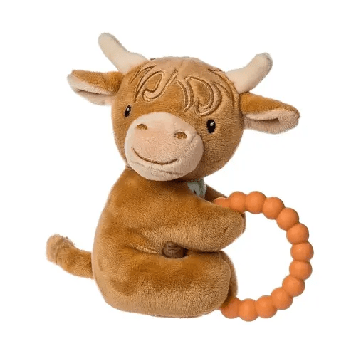 Mary Meyer Soft Baby Rattle with Soothing Teether Ring, 6-Inches, Hetty Highland Cow