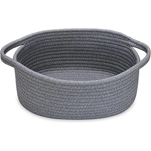 ABenkle Small Woven Storage Basket with Handles - 12"x8"x5", Decorative Rope Bin for Home Organization, Cat & Dog Toys, Shelf Storage, Gift Basket - Deep Grey