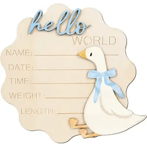 FYSUIMU Silly Goose Birth Announcement Sign Hello World Newborn Sign Blue Bow Goose Newborn Milestone Wooden Board for First Birthday Baby Shower Photo Prop Keepsake