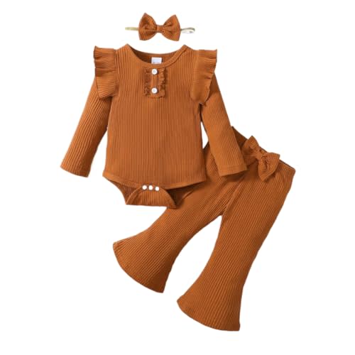 YWFSHOP Infant Baby Girls Outfit Cute Ruffle Sleeve Ribbed Knit Romper Bodysuit and Flare Pants Clothes Set 3 Piece