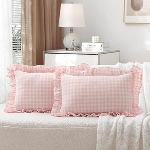 2 Pack Blush White Plaid Ruffle Gingham Lumbar Throw Pillow Covers, 100% Washed Cotton Checkered Girls Lovely Farmhouse Decorative Throw Pillow Shams for Bed/Sofa Zipper Closure- 20''x12''