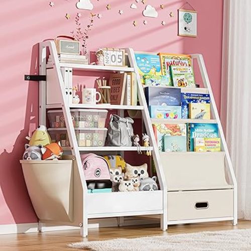 Kids Bookshelf and Toy Storage, Sling Bookshelf with Drawer, Montessori Toddler Bookcase, 2 in 1 Kids Book Sling Shelf with 4 Tier Toy Organizer for Kids Room, Playroom, Bedroom, Nursery