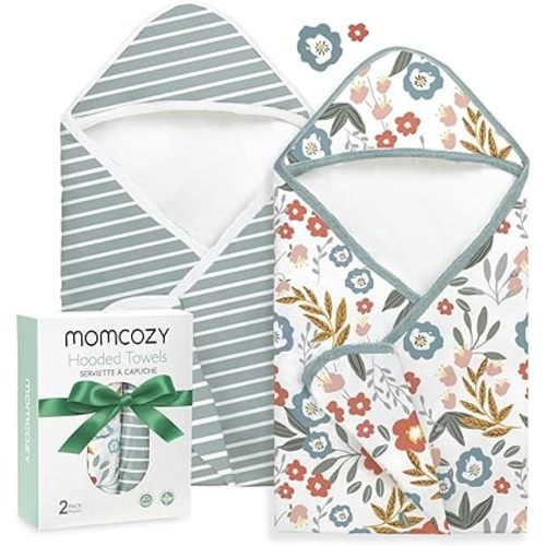 Momcozy Baby Towel with Hooded-2 Pack Soft Bath Towel Set-Shower Gifts or Bath Essential for Infant,Newborn, Toddler (28 X 28 Inch, Petite Blossom)