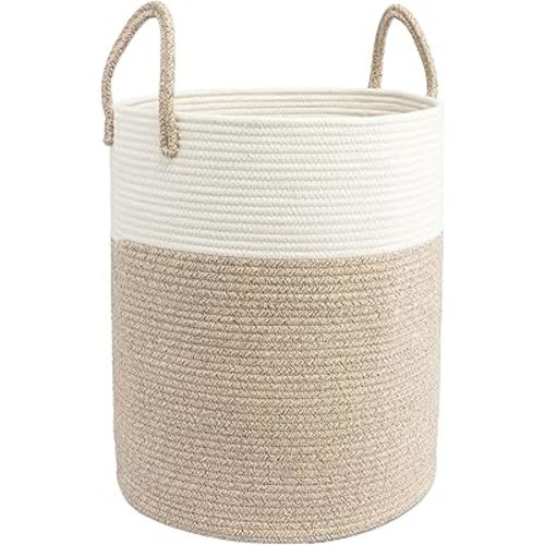Woven Cotton Rope Laundry basket-15”X20” Laundry Hamper-Rope Storage Basket for Dirty Clothes, Toys and Blankets Perfect for Bathroom, Baby nursery and Living Room Storage (white and brown)