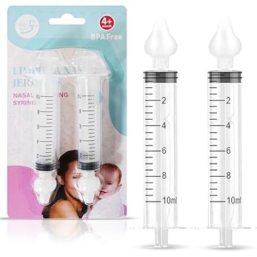 Baby Nasal Syringe (2-Pack) - Safe Silicone Nasal Aspirator for Newborn - Infant Mucus Removal - 10ml Nose Cleaner Syringe for Baby - Toddler Congestion Relief - Reusable Tips - White