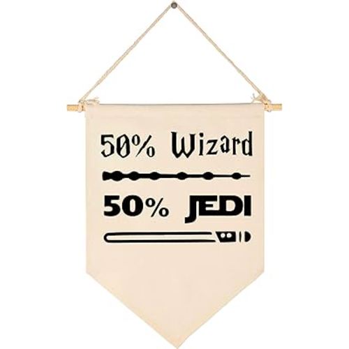 50% Wizard 50% Jedi-Canvas Hanging Flag Banner Wall Sign Decor Gift for Baby Kids Boy Nursery Teen Room Front Door -Star Quotes Wars Gift