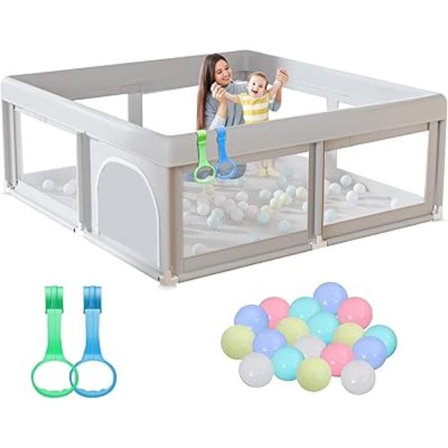 50 x 50 inch Baby Playpen with Ocean Balls and Pull Rings, Playpen for Babies and Toddlers, Baby Fence Playards, Safe Structure and Soft, Skin-Friendly Fabric with Zipper Gates.
