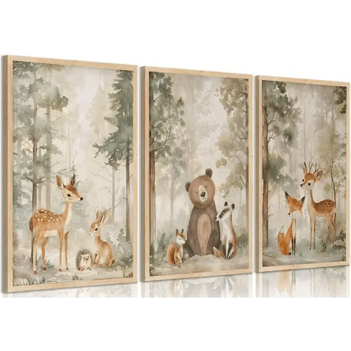 3Pcs Woodland Animal Nursery Canvas wall art Wild Animals Forest Paintings Pictures Wall Decor Fox Bear Deer Watercolor Poster Printing Artwork for Boys Room Girls Room Home Decoration Unframed