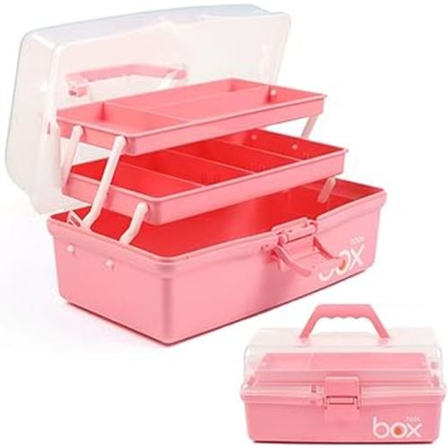 12in Three-Layer Multipurpose Storage Box, Folding Tool Box/Art & Crafts Case/Sewing Supplies Organizer/Medicine Box/Family First Aid Box with 2 Trays (Pink)