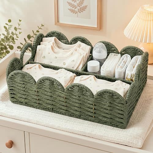 Mifoci Scalloped Baby Diaper Caddy Organizer Sage Green Paper Rope Basket