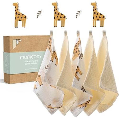 Momcozy Soft & Absorbent Baby Washcloths - 4 Layer Design| Medium Thickness| Premium Cotton for Newborns' Skin-Great for Bathing, Wiping & on-The-go Use, Shower Gift and Essential(5 Pack, 10x10 inch)