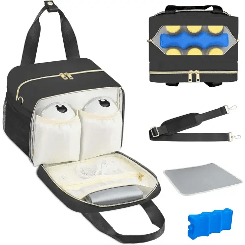 PIIOSER Breastmilk Cooler Bag with Ice Pack, Fits 6 Baby Bottles Up to 9 Ounce, Insulated Bottle Travel Bags with Shoulder Strap-Wearable Breast Pump Carrying Case for Nursing & Working Moms
