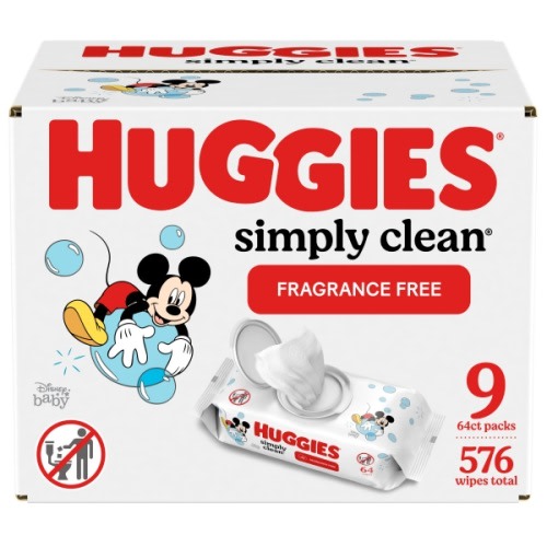 Huggies Simply Clean Unscented Baby Wipes, 9 Flip-Top Packs (576 Wipes Total)