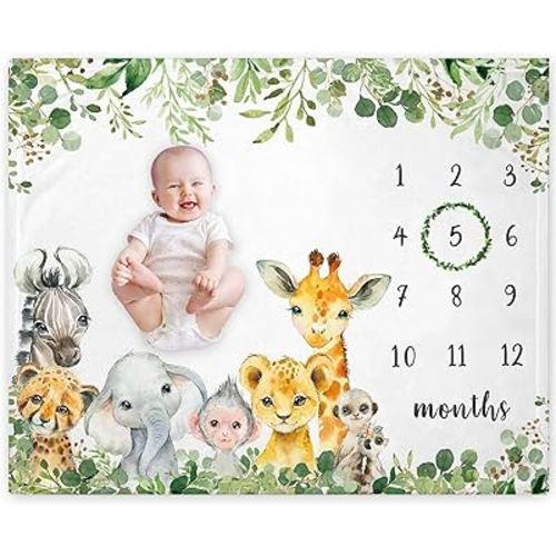 Yuzioey Safari Animals Milestone Blanket, Jungle Baby Growth Chart Monthly Blanket, Watch Me Grow Jungle Wild Baby Nursery for New Moms Baby Shower(50"x40")
