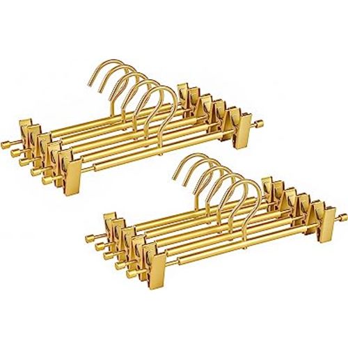 Amber Home 10 Pack Premium Matte Gold Aluminum Pants Hangers, 12.2” Extra Smooth & Durable Metal Skirt Slack Hanger, Light & Sturdy Metal Rack for Trouser with 2-Adjustable Non Slip Clips Swivel Hook