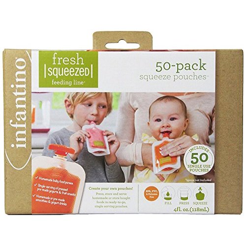 Infantino Disposable Squeeze Pouches, Portable Homemade Semi-Solid Food for Babies and Toddlers, 4 Fl Oz (Pack of 50)