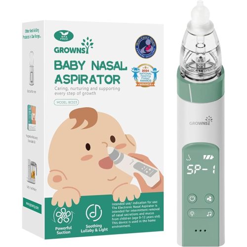 GROWNSY Nasal Aspirator for Baby, Electric Nose Aspirator for Toddler, Baby Nose Sucker, Automatic Nose Cleaner with 3 Silicone Tips, Adjustable Suctions, Music and Light Soothing Function (Green)